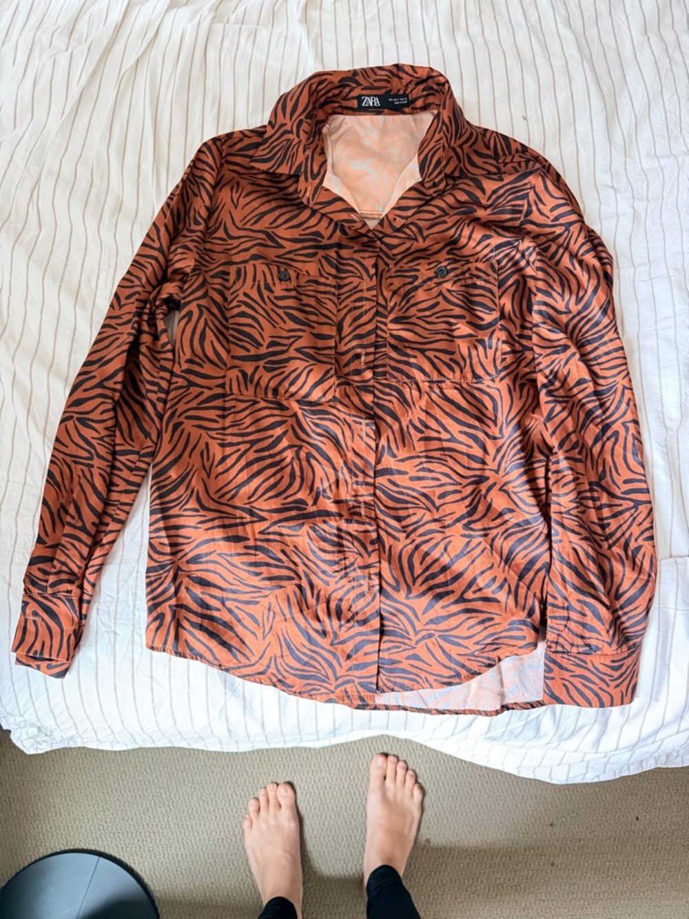 Zara Men's Orange and Black Tiger-Stripe Button-Down Shirt